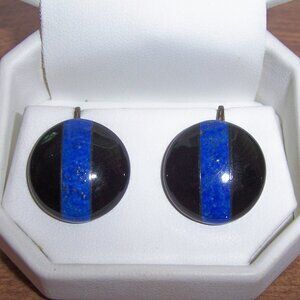 Vintage Black and Blue Button Clip on Earrings